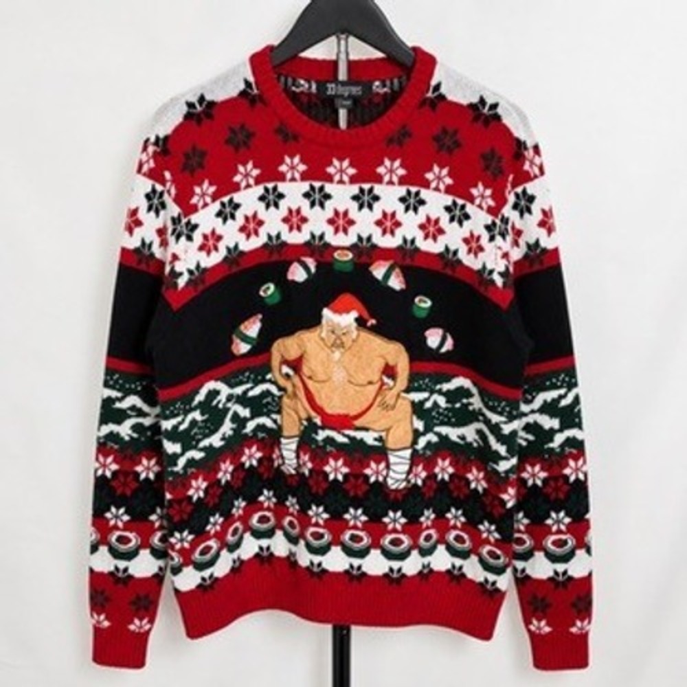 33 Degrees Men Sumo Wrestler Santa Ugly Christmas Sweater XXL Red Black Funny